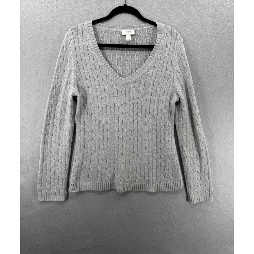 Ann Taylor LOFT Sweater Womens L Gray Cable Knit Rabbit Hair Wool Quiet Luxury